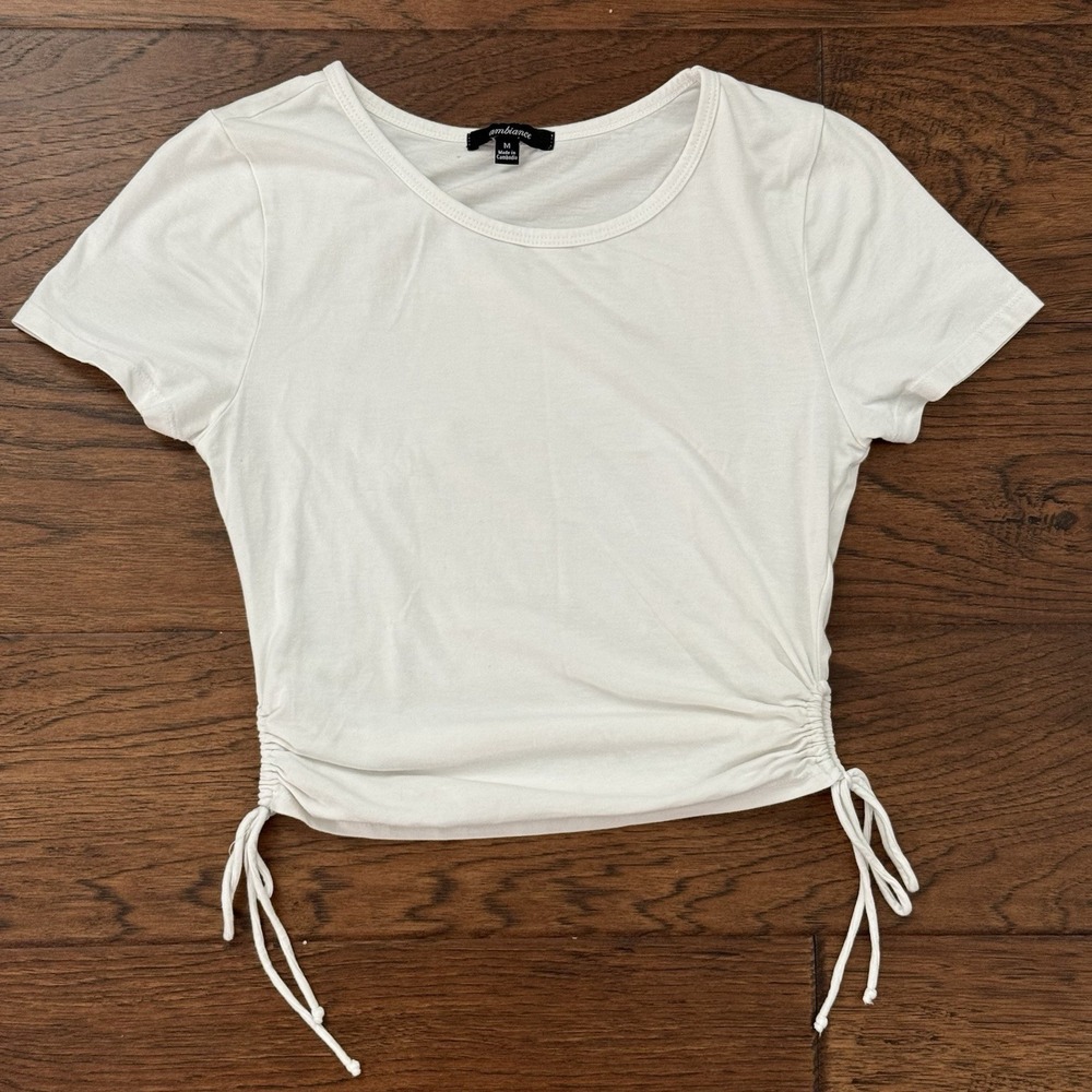 Ambiance Side Ruched Drawstring Jersey Knit Casual Crop Top White Size M